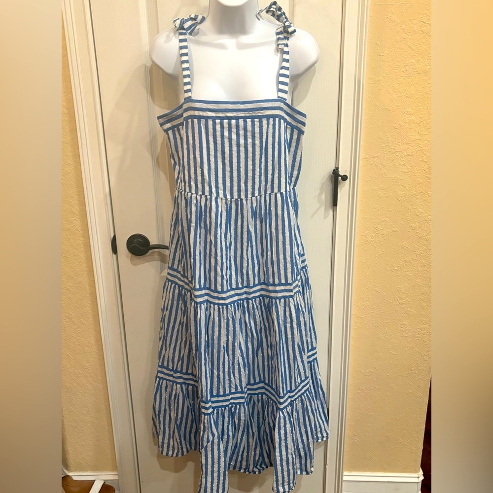 Women's Striped Tie Shoulder Sleeveless A Line Ruffle Summer Long Dress large